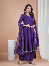 Indigo Purple Roman Silk Kurta Set with Embroidery Work with Khadi Print & Chanderi Dupatta | V-Neck Collar Design